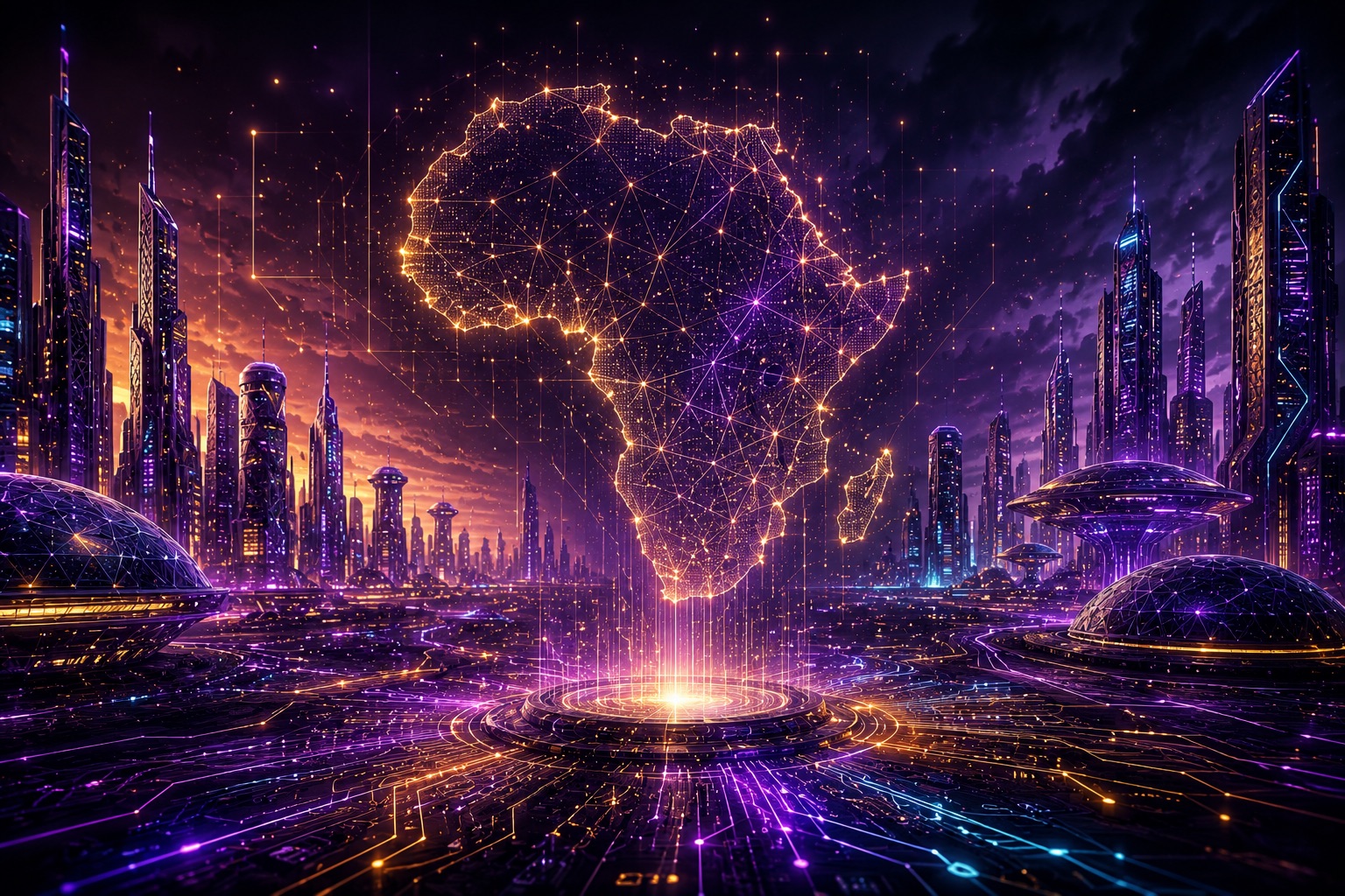 A futuristic African city connected by a glowing map of Africa