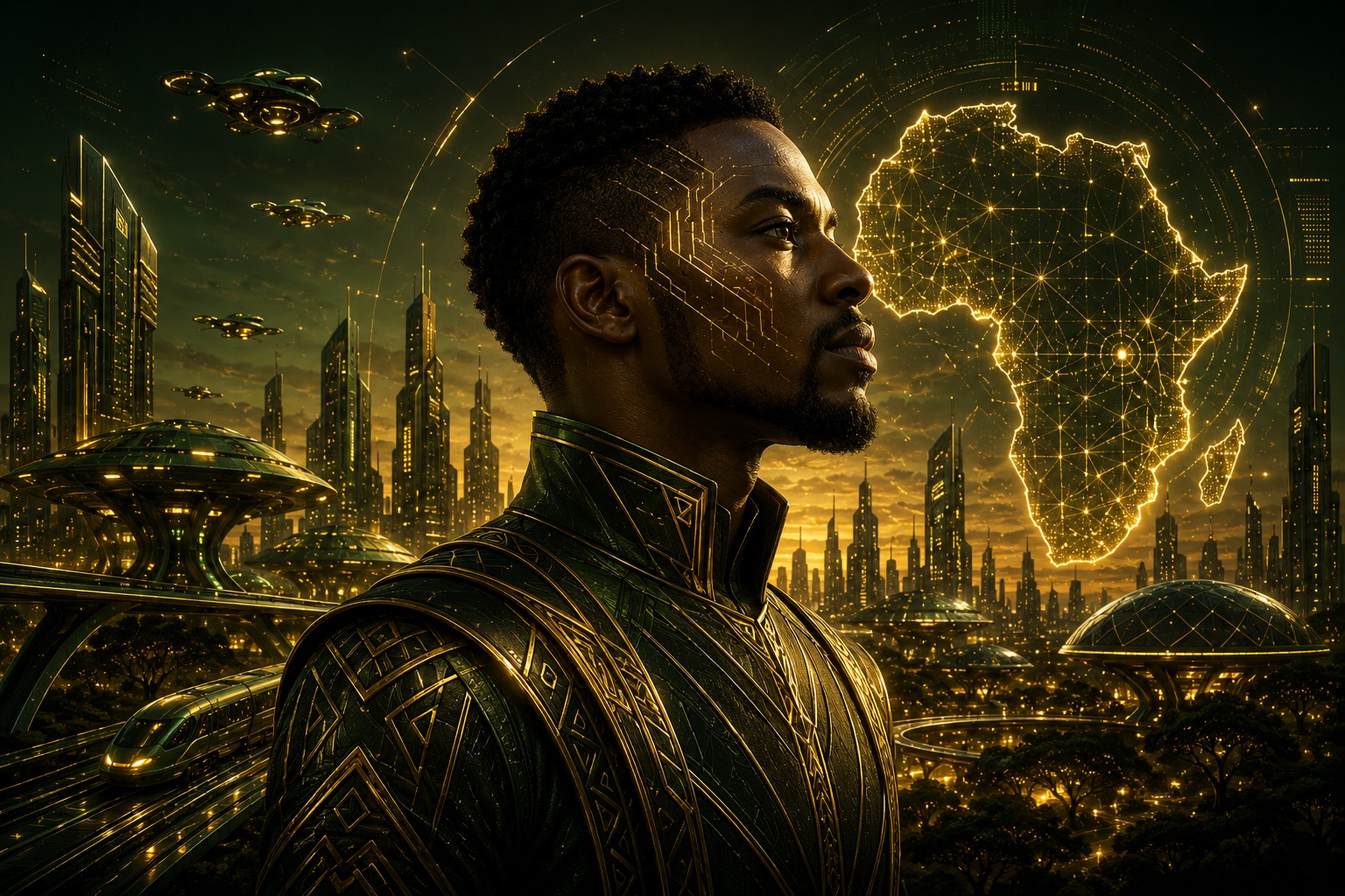 African professional looking out over a futuristic African city