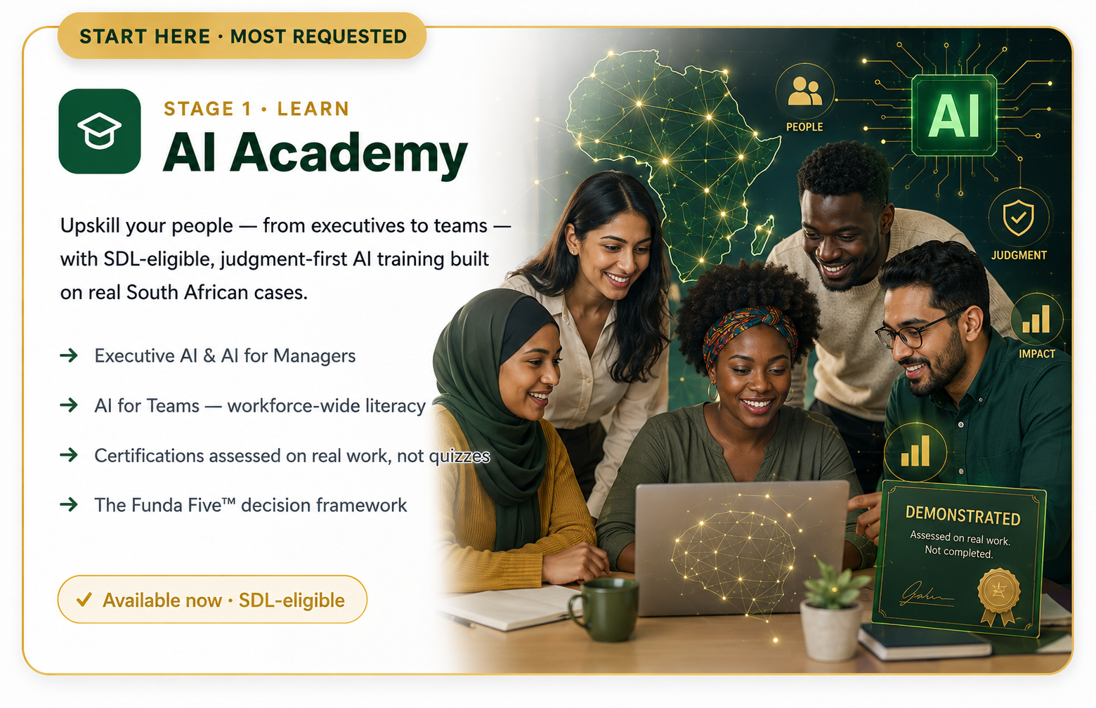 AI Academy — Stage 1 · Learn. Upskill your people with SDL-eligible, judgment-first AI training built on real South African cases. Available now.