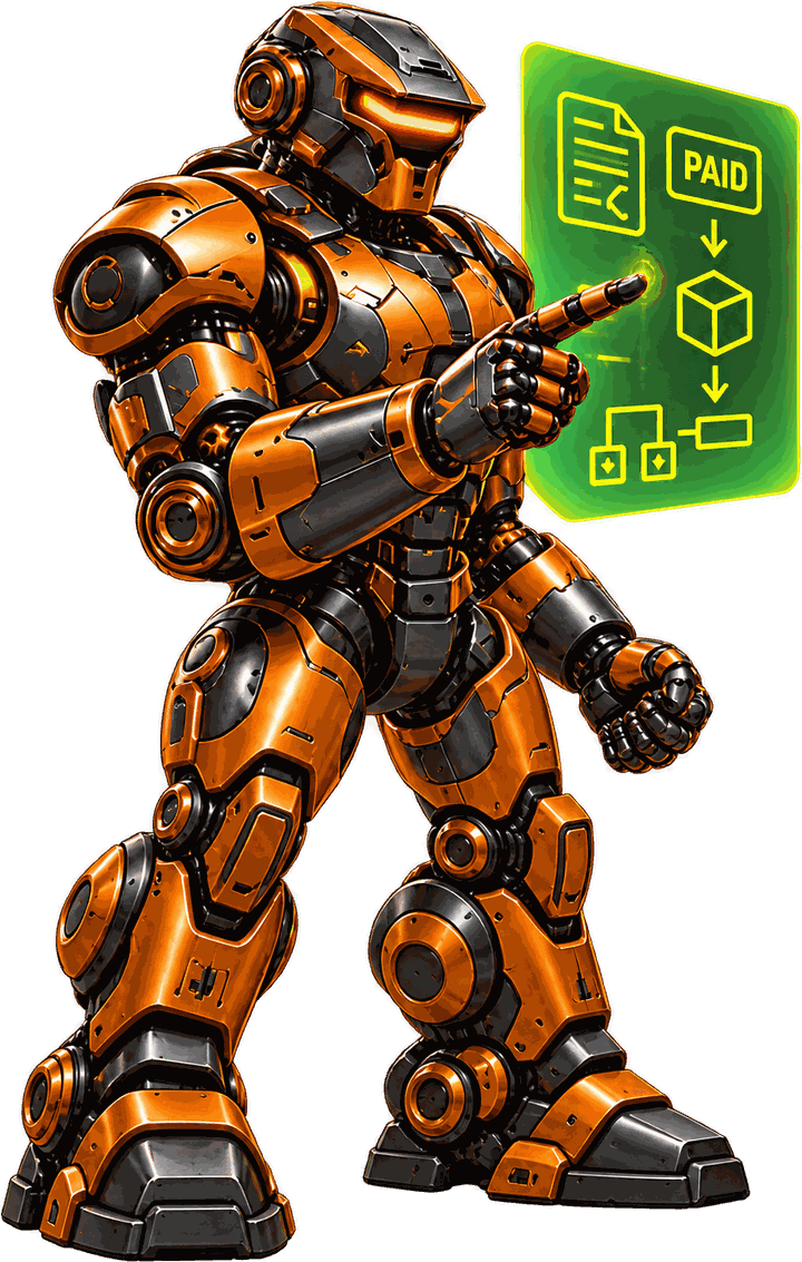 The Action Bot agent, pointing at an invoice marked paid and an order flow