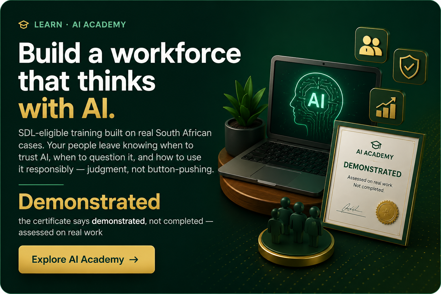 Learn · AI Academy — build a workforce that thinks with AI. SDL-eligible training; the certificate says demonstrated, not completed.
