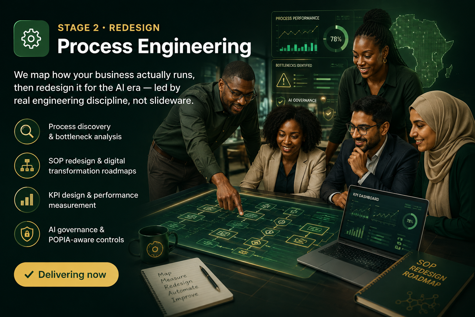 Process Engineering — Stage 2 · Redesign. We map how your business runs, then redesign it for the AI era with real engineering discipline.